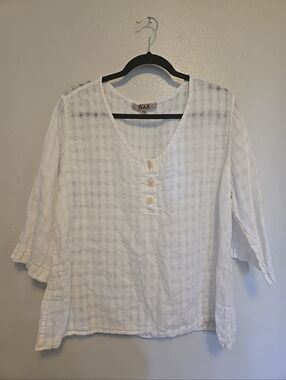 FLAX Popover Blouse Top 3/4 Sleeves Linen White 1G 18/20